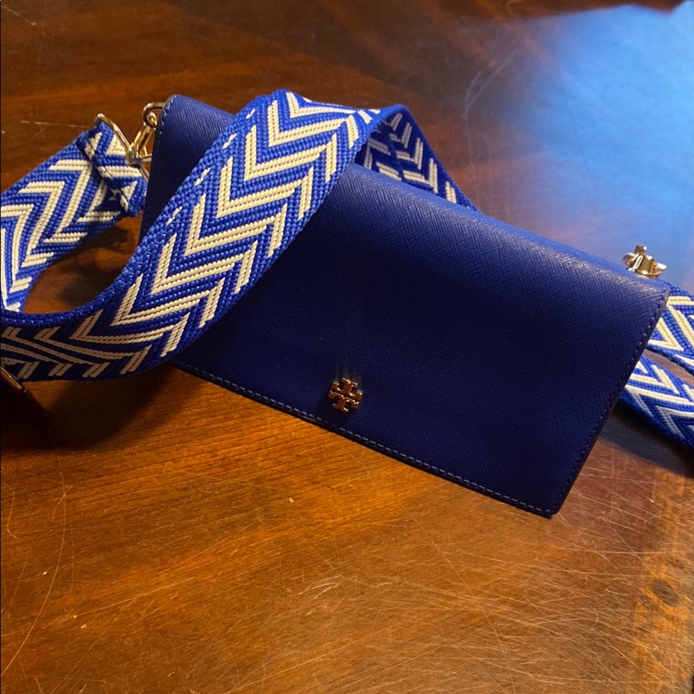 Tory Burch Royal Blue Crossbody Wallet with Chevron Strap